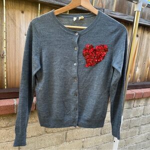 Moth Anthropologie Gray Knit Cardigan Red Sequin Heart XS Petite